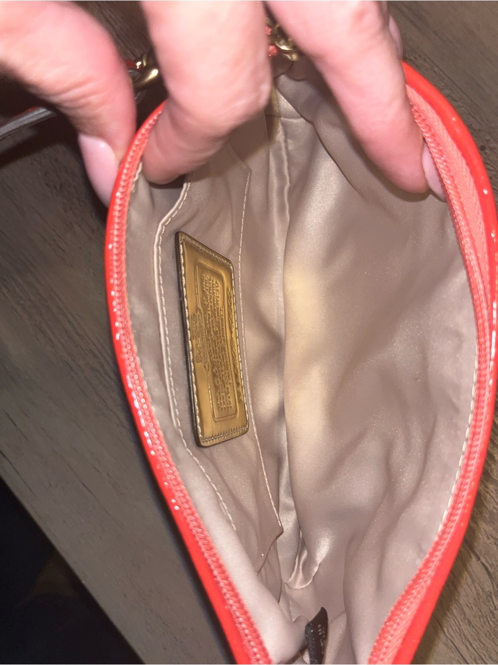 Coach Salmon oversized Satin Wristlet with Leather Trim and Gold Hardware - Picture 4 of 7